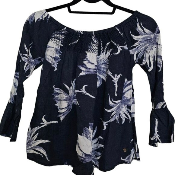 Roxy Blouse Top Women XS Off The Shoulders Moon Sapphire Blue Boho Peasant - Picture 4 of 12